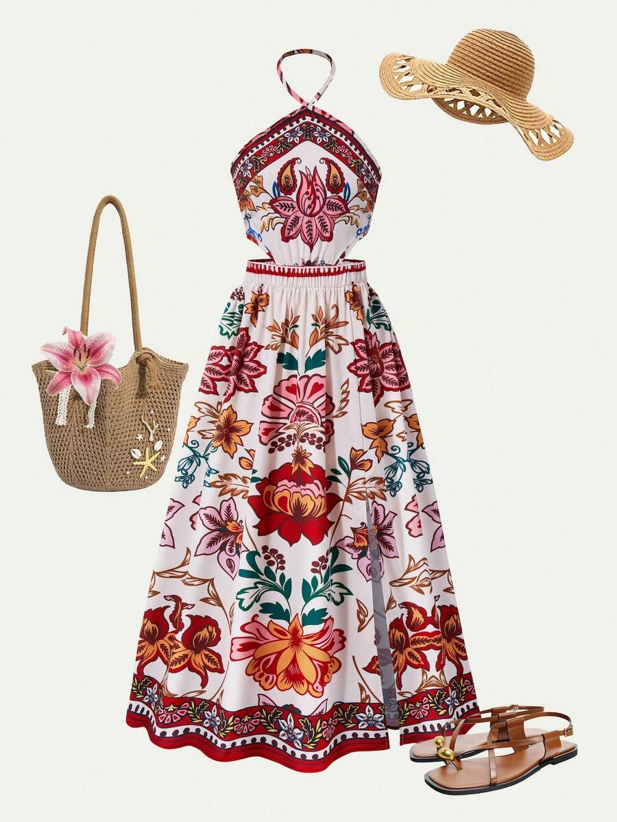 Tween girls floral halter dress with backless sleeveless design, belted high waist, shirred details, appliques, and flared A-line midi silhouette for summer vacation or graduation outfit.