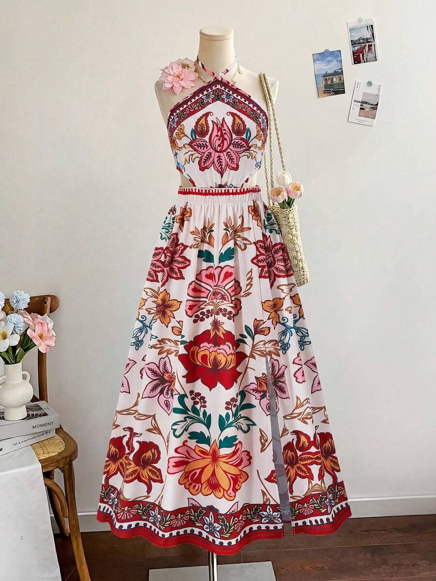 Tween girls floral halter dress with backless sleeveless design, belted high waist, shirred details, appliques, and flared A-line midi silhouette for summer vacation or graduation outfit.
