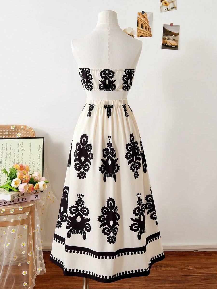 Tween girls floral halter dress with backless sleeveless design, belted high waist, shirred details, appliques, and flared A-line midi silhouette for summer vacation or graduation outfit.