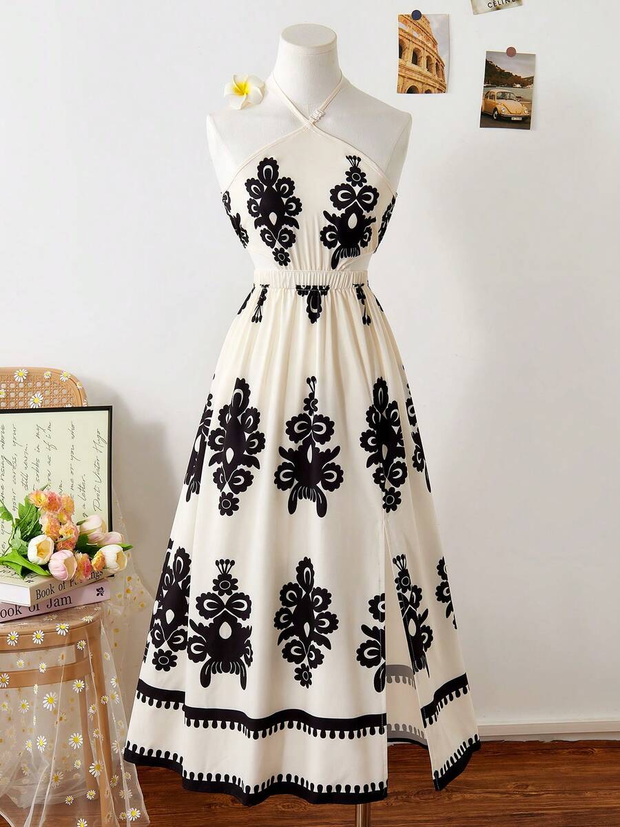 Tween girls floral halter dress with backless sleeveless design, belted high waist, shirred details, appliques, and flared A-line midi silhouette for summer vacation or graduation outfit.
