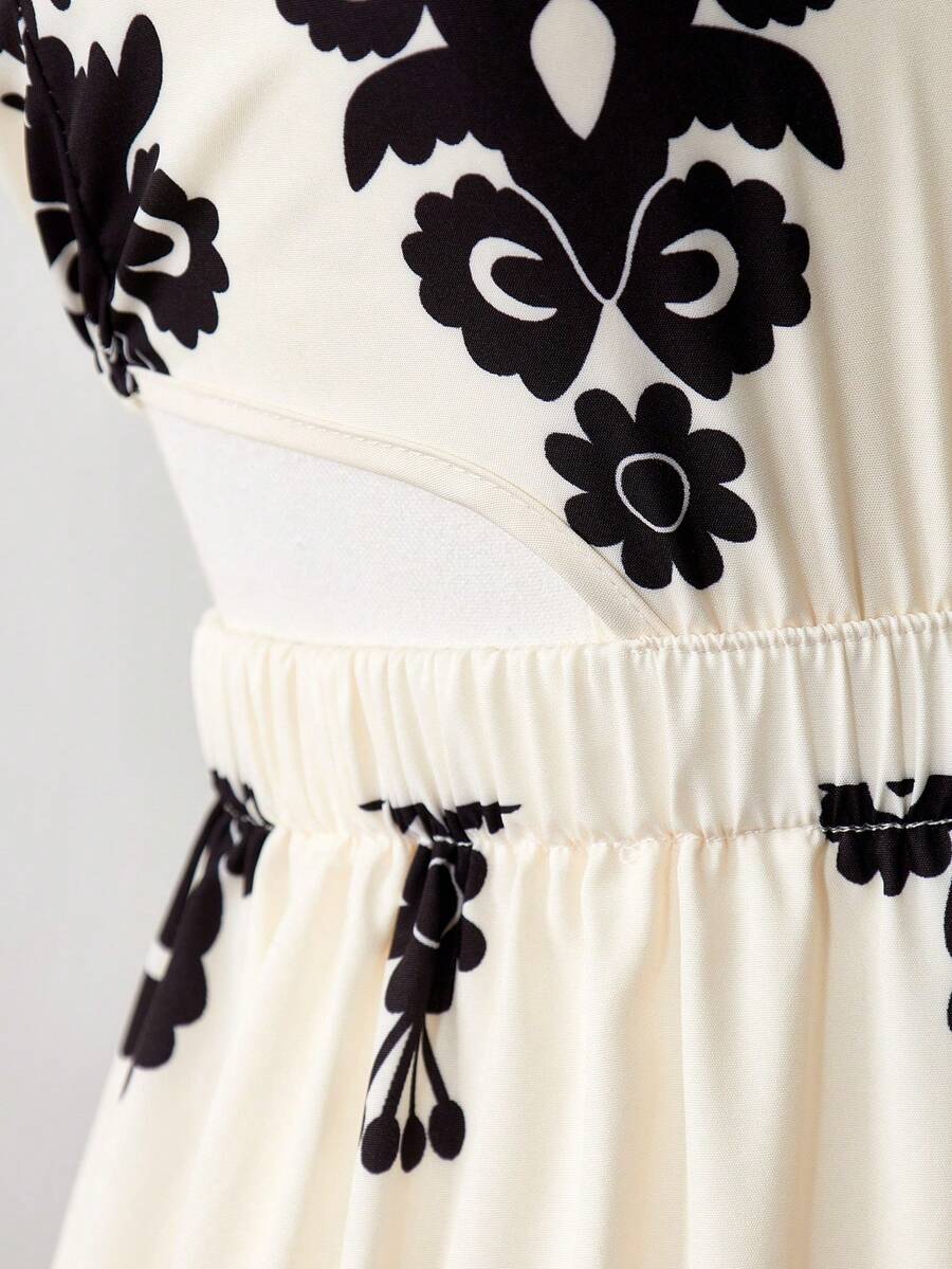 Tween girls floral halter dress with backless sleeveless design, belted high waist, shirred details, appliques, and flared A-line midi silhouette for summer vacation or graduation outfit.
