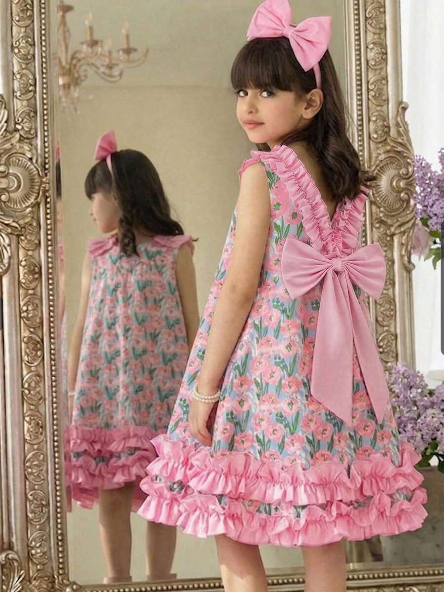 Tween girls sleeveless tropical floral mini dress in black with round neck and ruffle hem detail