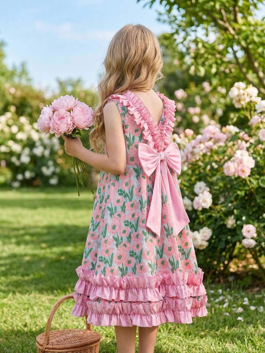 Tween girls sleeveless tropical floral mini dress in black with round neck and ruffle hem detail
