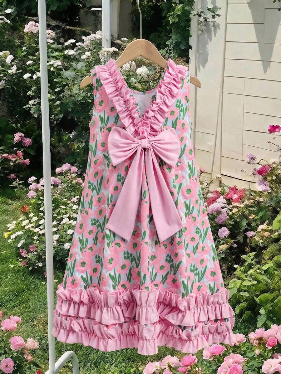 Tween girls sleeveless tropical floral mini dress in black with round neck and ruffle hem detail