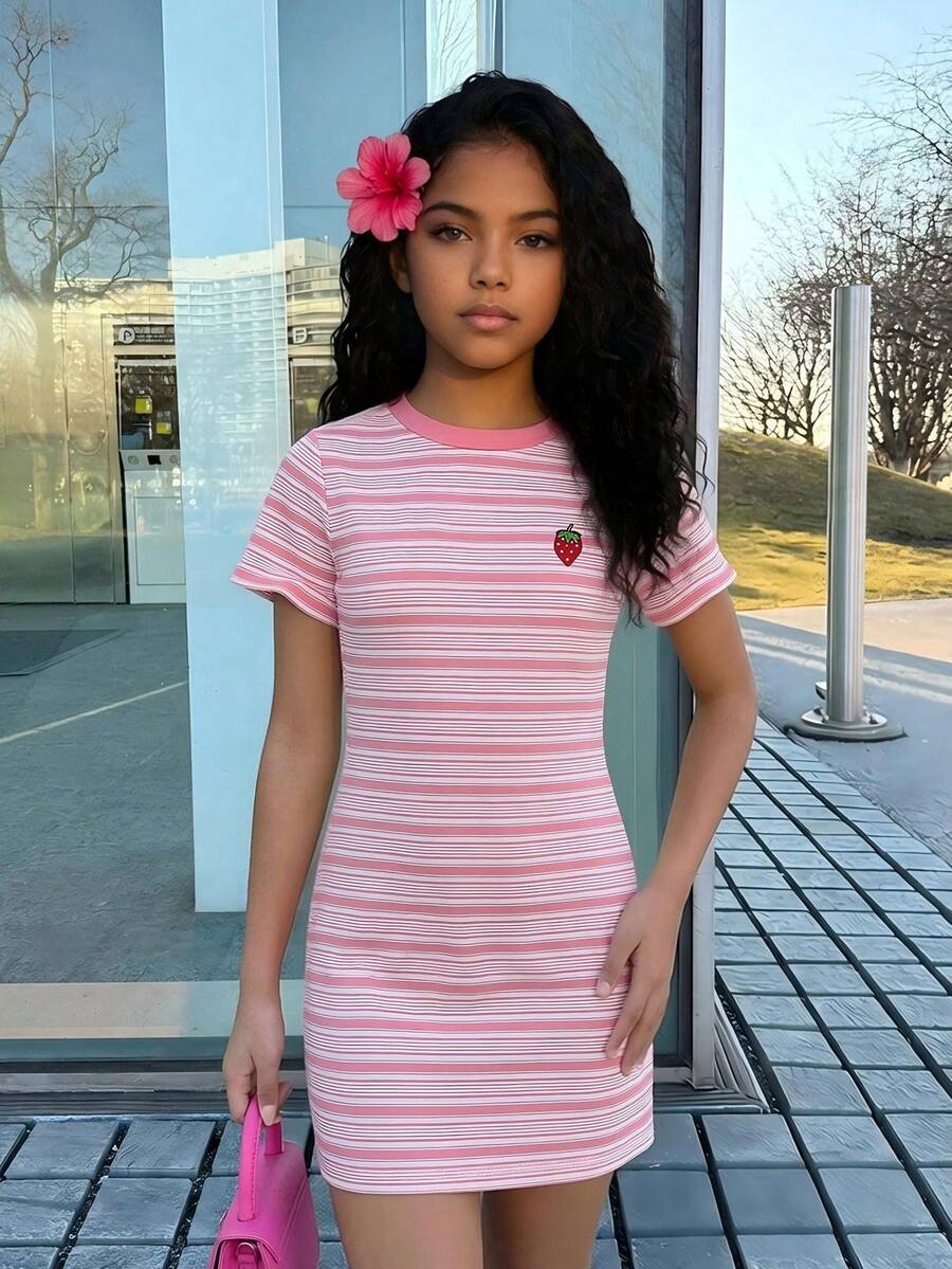Girls black striped midi dress featuring short sleeves, round neck, slim fit, and flared hem.