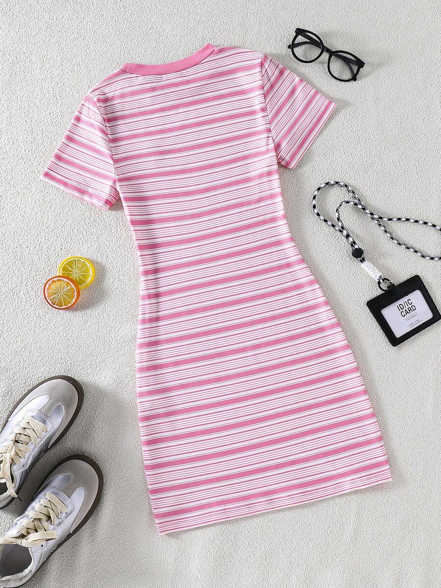 Girls black striped midi dress featuring short sleeves, round neck, slim fit, and flared hem.