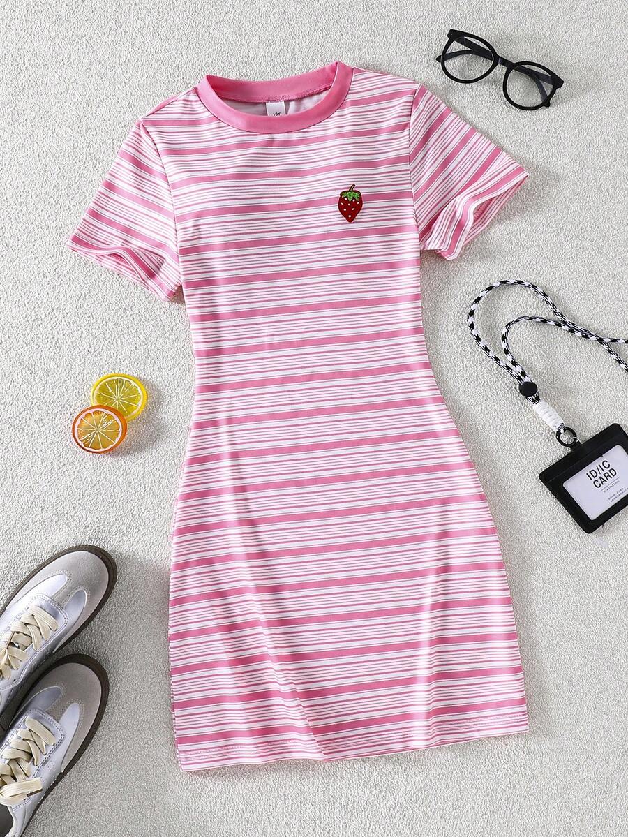 Girls black striped midi dress featuring short sleeves, round neck, slim fit, and flared hem.