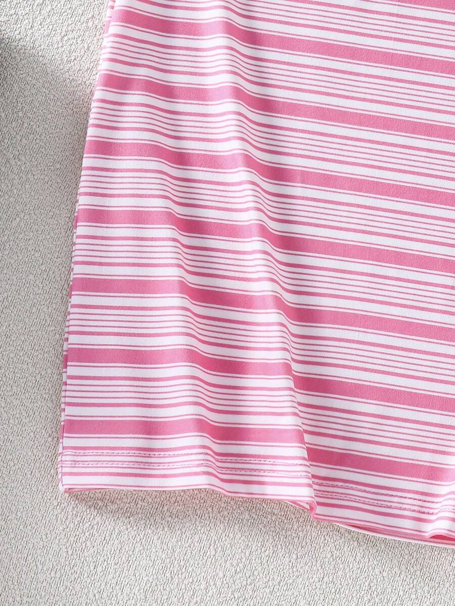 Girls black striped midi dress featuring short sleeves, round neck, slim fit, and flared hem.