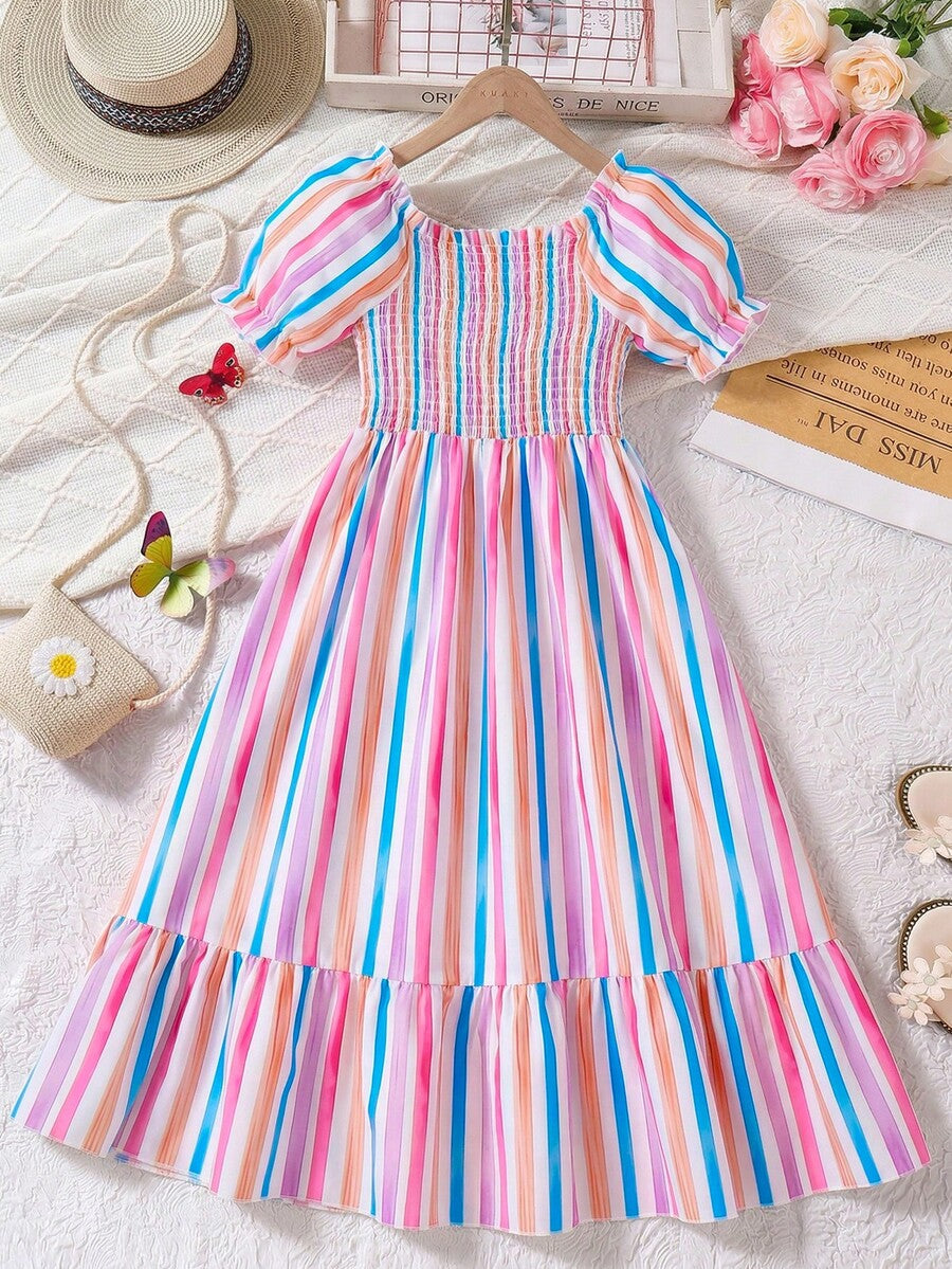 Tween girls black and white geometric short sleeve midi dress with square neck and bow front decor