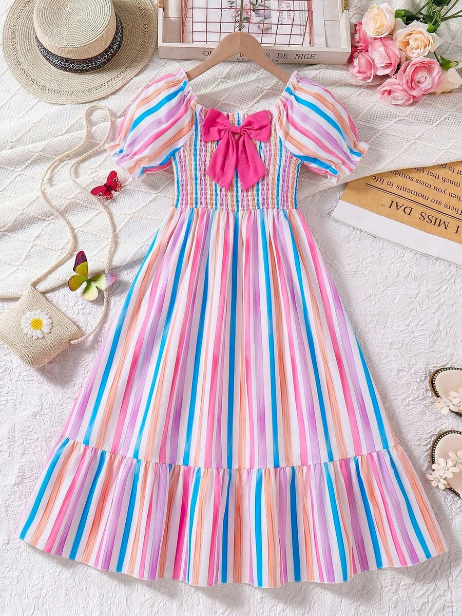 Tween girls black and white geometric short sleeve midi dress with square neck and bow front decor