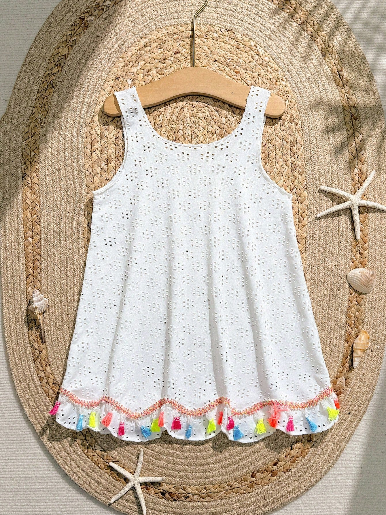Multicolor hollow out geometric sleeveless swimwear cover-up for girls featuring scoop neck design.