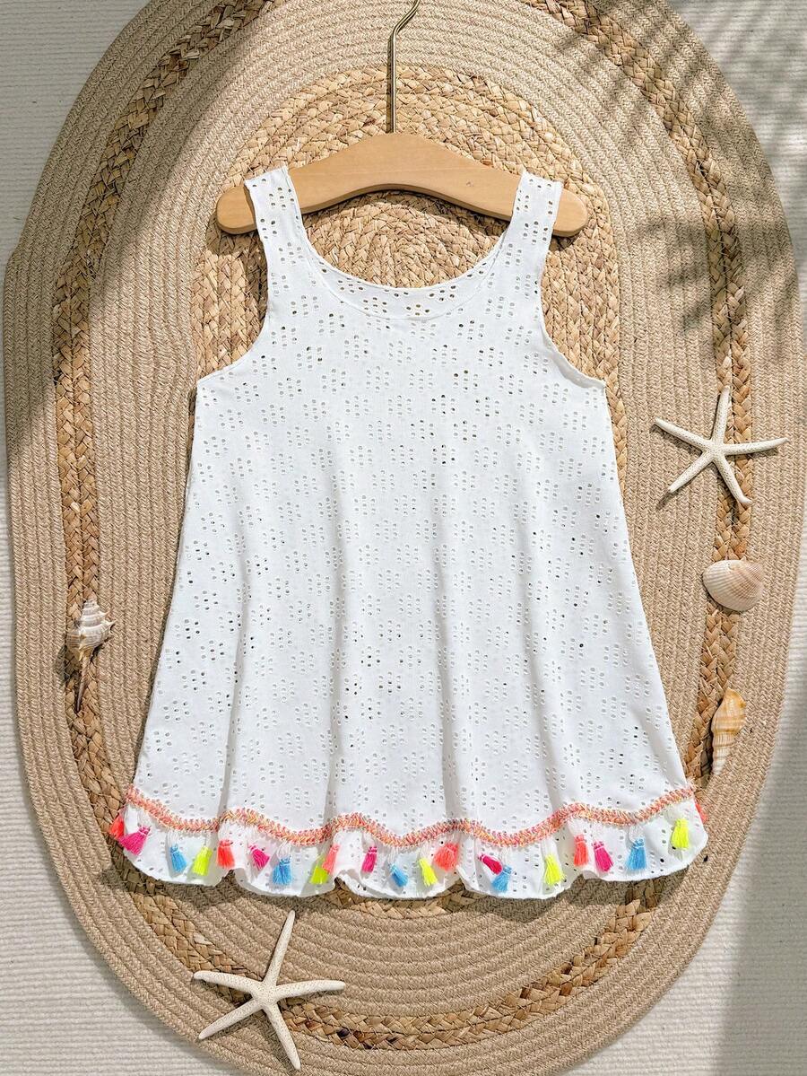 Multicolor hollow out geometric sleeveless swimwear cover-up for girls featuring scoop neck design.