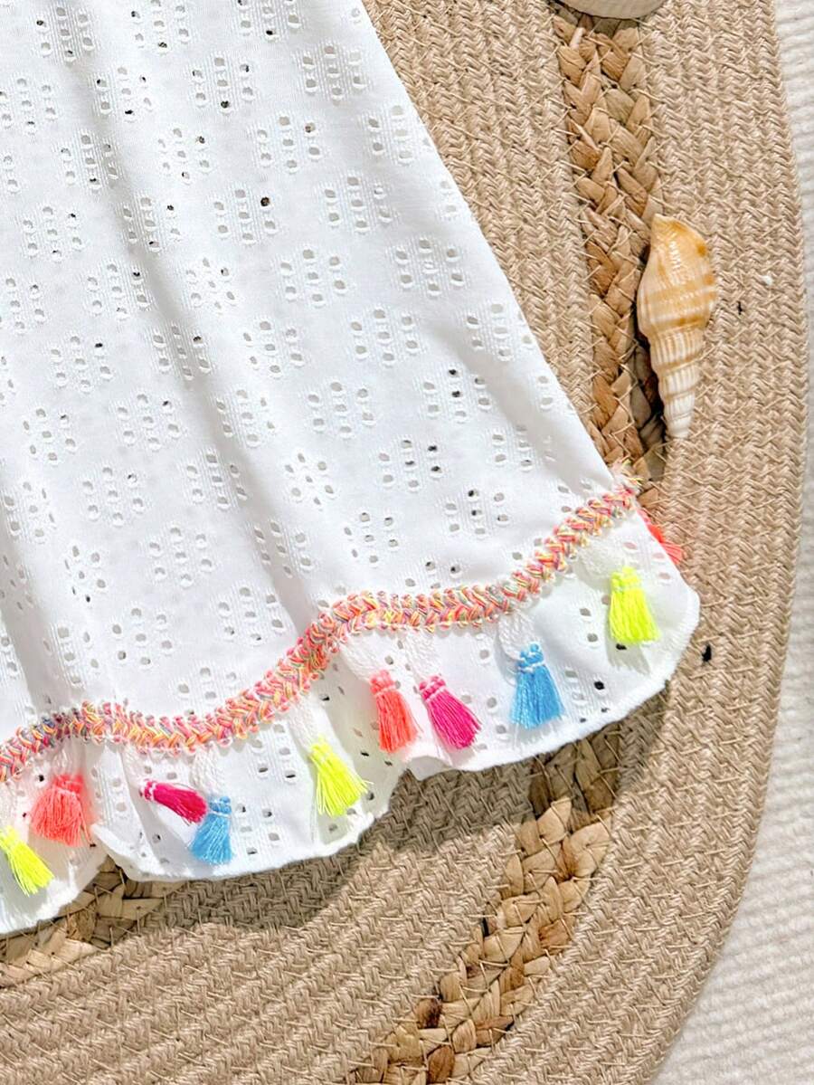 Multicolor hollow out geometric sleeveless swimwear cover-up for girls featuring scoop neck design.