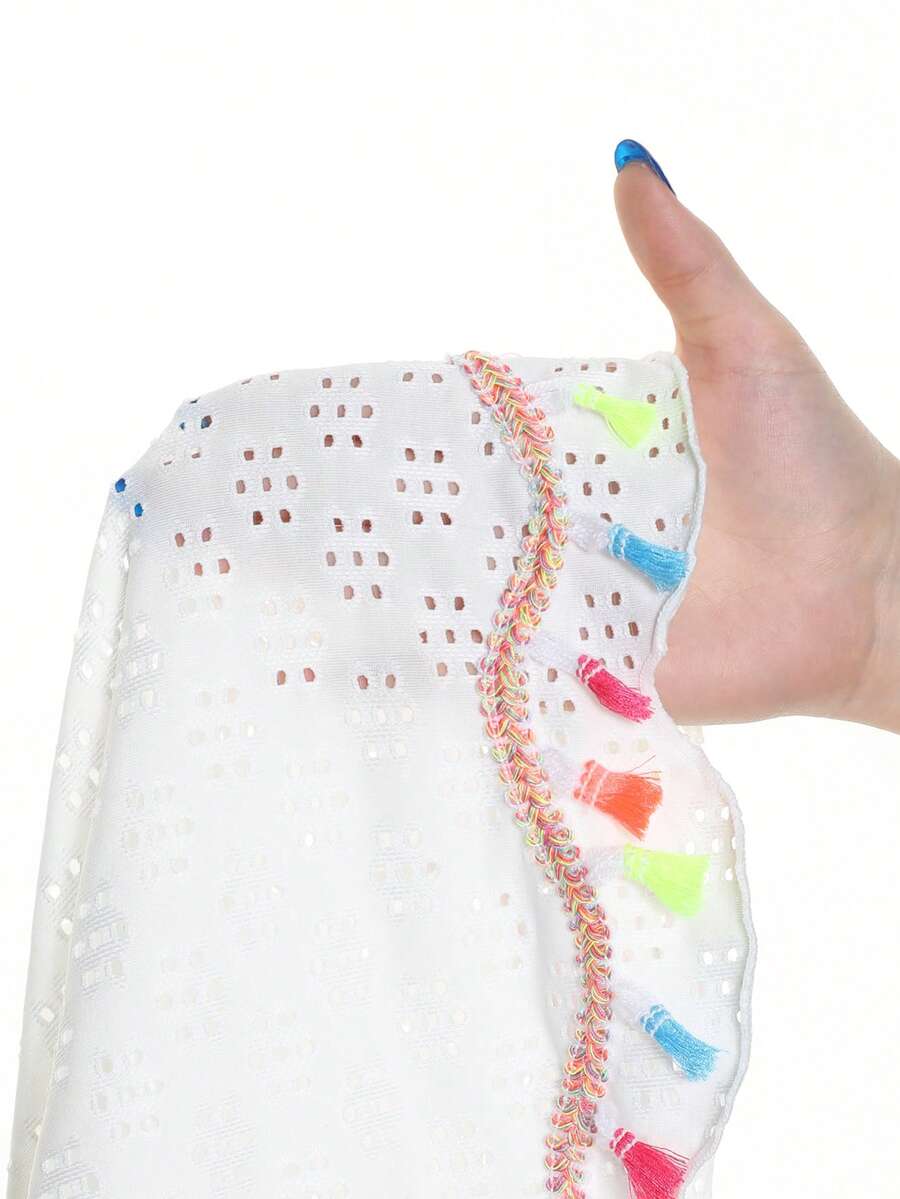 Multicolor hollow out geometric sleeveless swimwear cover-up for girls featuring scoop neck design.