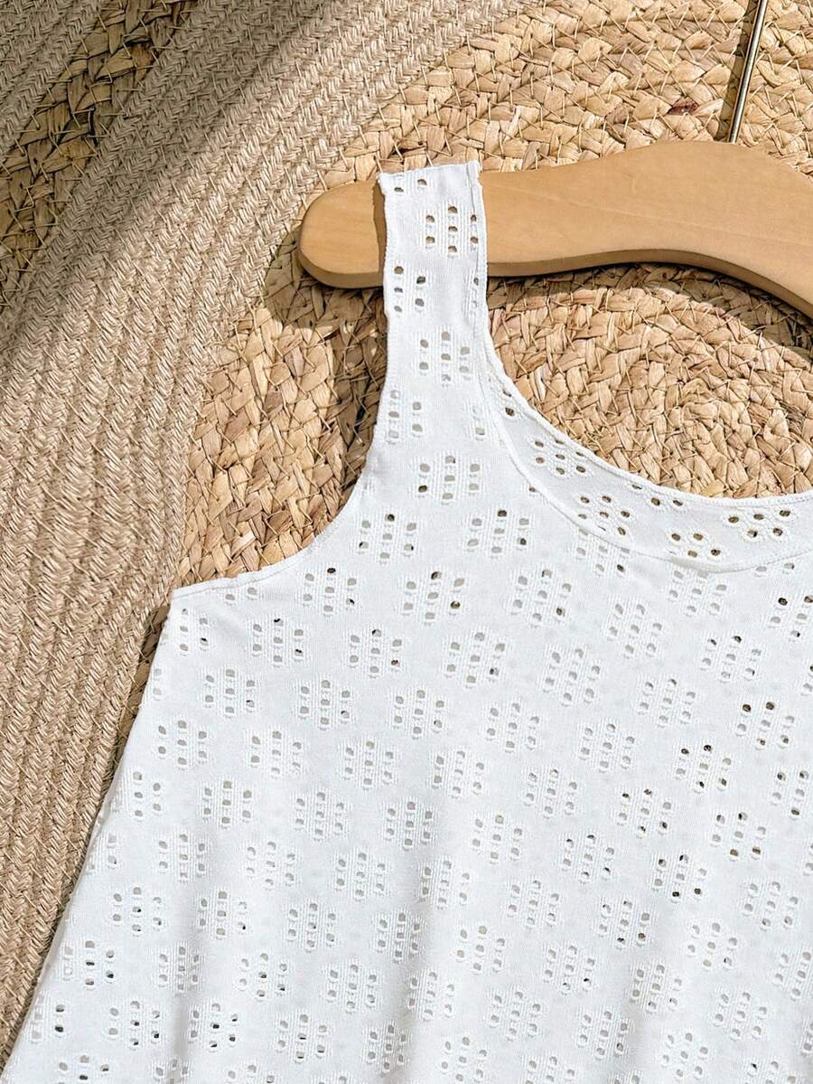 Multicolor hollow out geometric sleeveless swimwear cover-up for girls featuring scoop neck design.