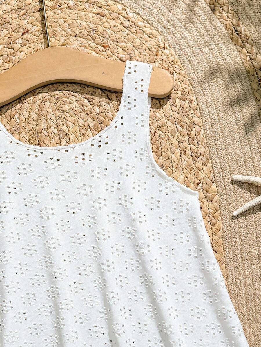 Multicolor hollow out geometric sleeveless swimwear cover-up for girls featuring scoop neck design.
