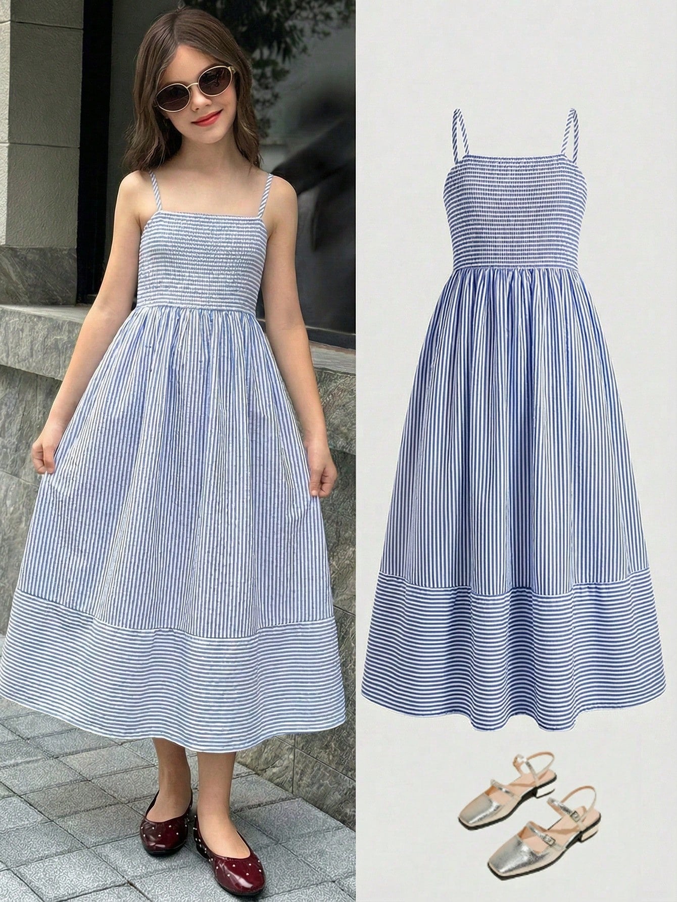 Tween girls striped spaghetti strap cami dress with high waist, shirred detail, zipper closure, sleeveless design, and flared long A-line silhouette for vacation wear.