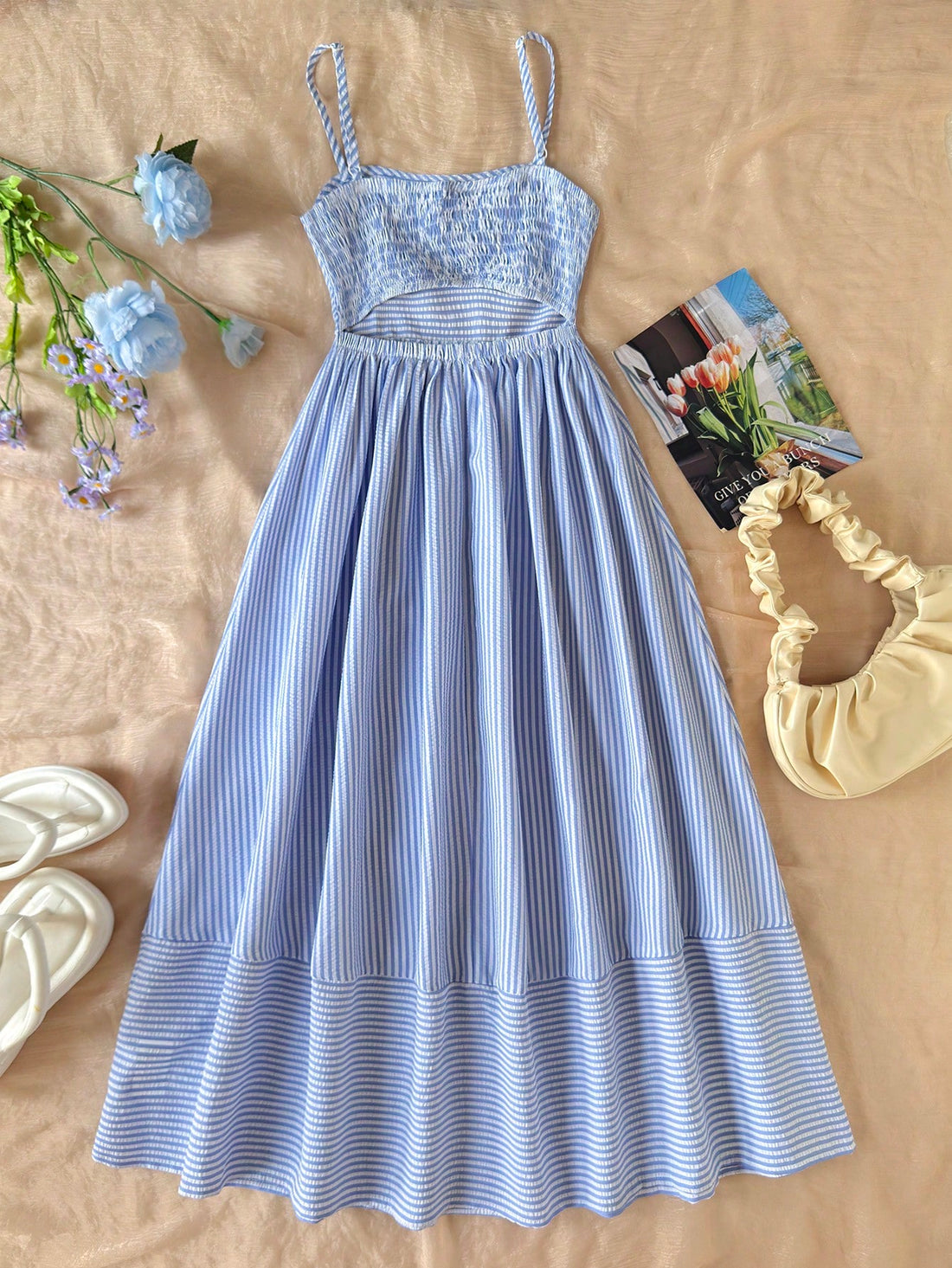 Tween girls striped spaghetti strap cami dress with high waist, shirred detail, zipper closure, sleeveless design, and flared long A-line silhouette for vacation wear.
