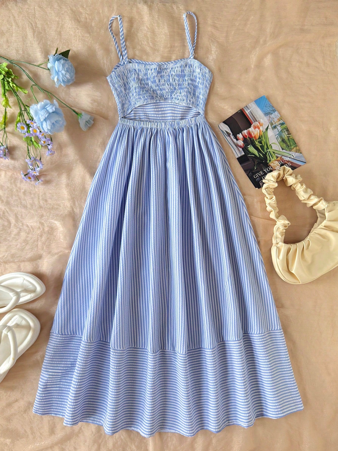 Tween girls striped spaghetti strap cami dress with high waist, shirred detail, zipper closure, sleeveless design, and flared long A-line silhouette for vacation wear.