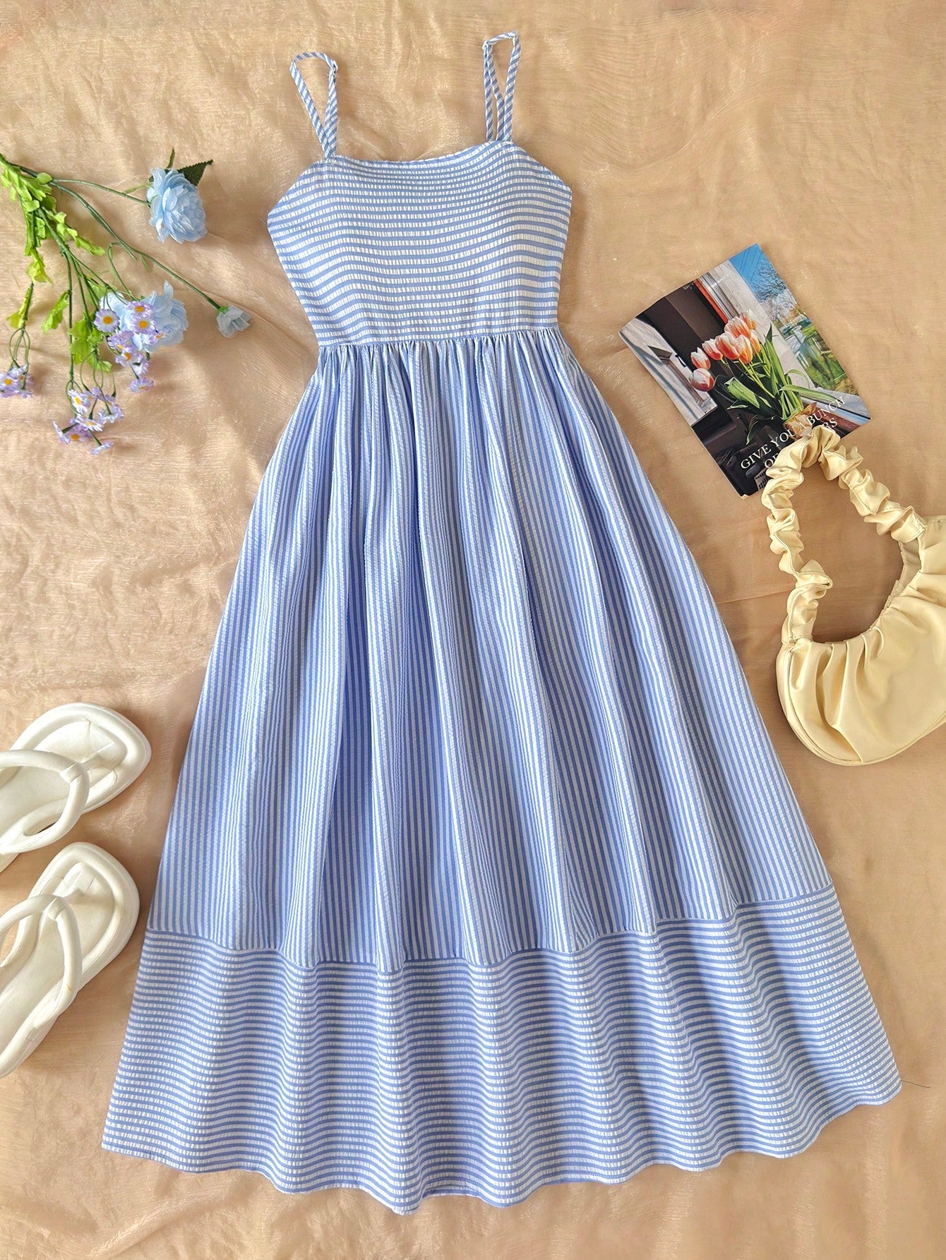 Tween girls striped spaghetti strap cami dress with high waist, shirred detail, zipper closure, sleeveless design, and flared long A-line silhouette for vacation wear.
