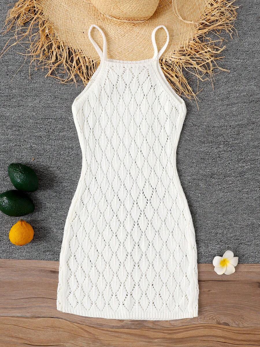Girls' Summer Crochet Mesh Cami Dress Cover-Up, White Casual Beach Vacation Tween Girl