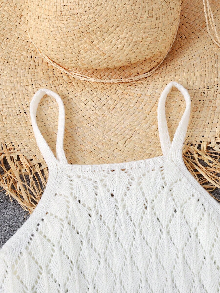 Girls' Summer Crochet Mesh Cami Dress Cover-Up, White Casual Beach Vacation Tween Girl