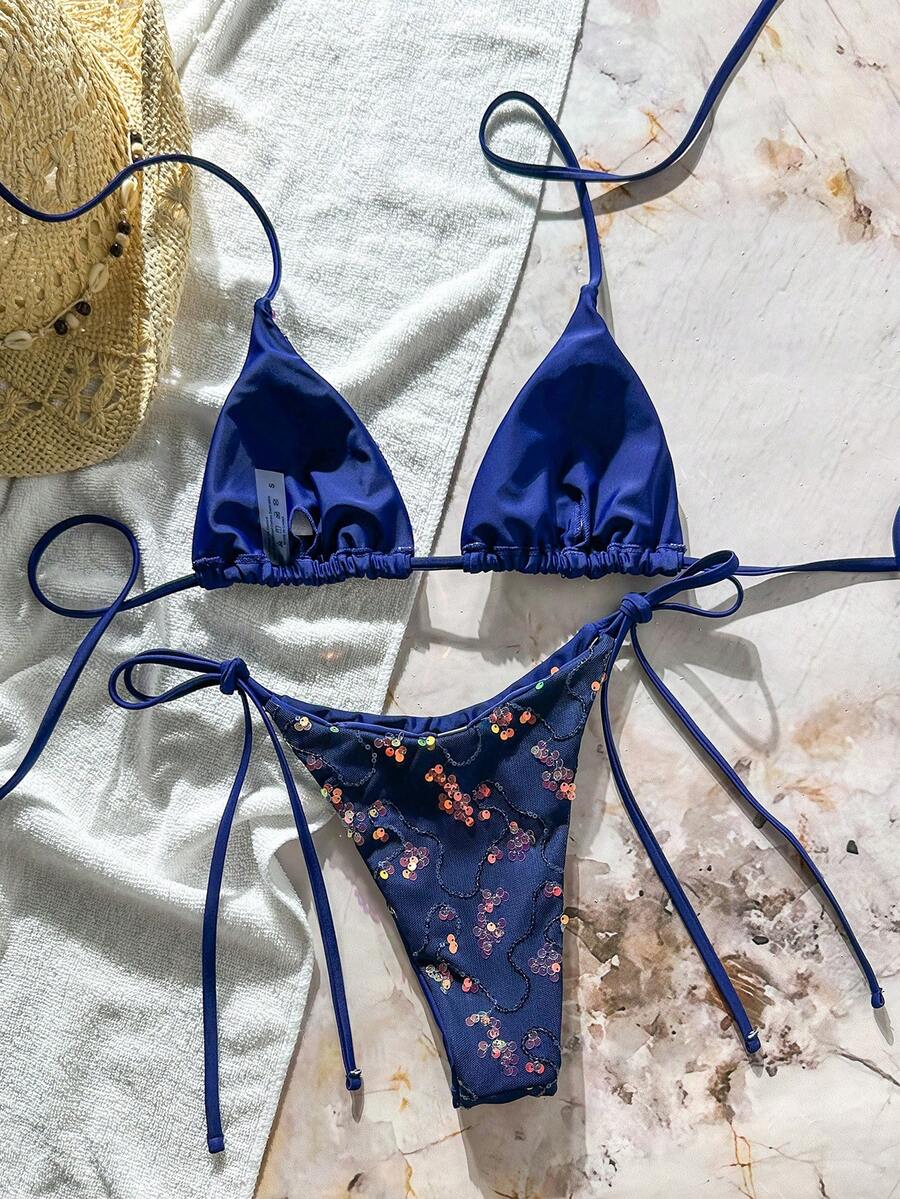 Women's sequin textured halter triangle bikini top and high-waist side tie bikini bottom swimsuit set