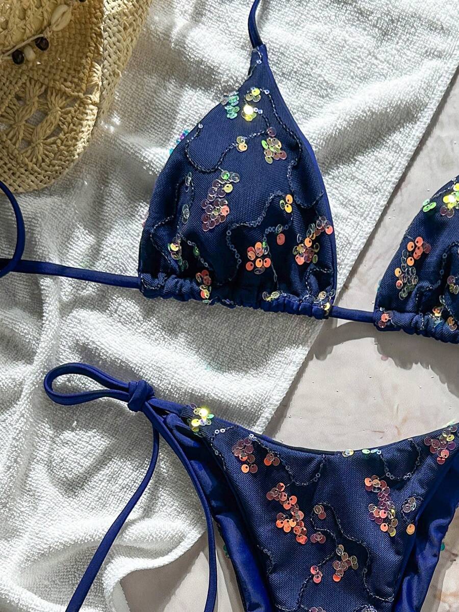 Women's sequin textured halter triangle bikini top and high-waist side tie bikini bottom swimsuit set