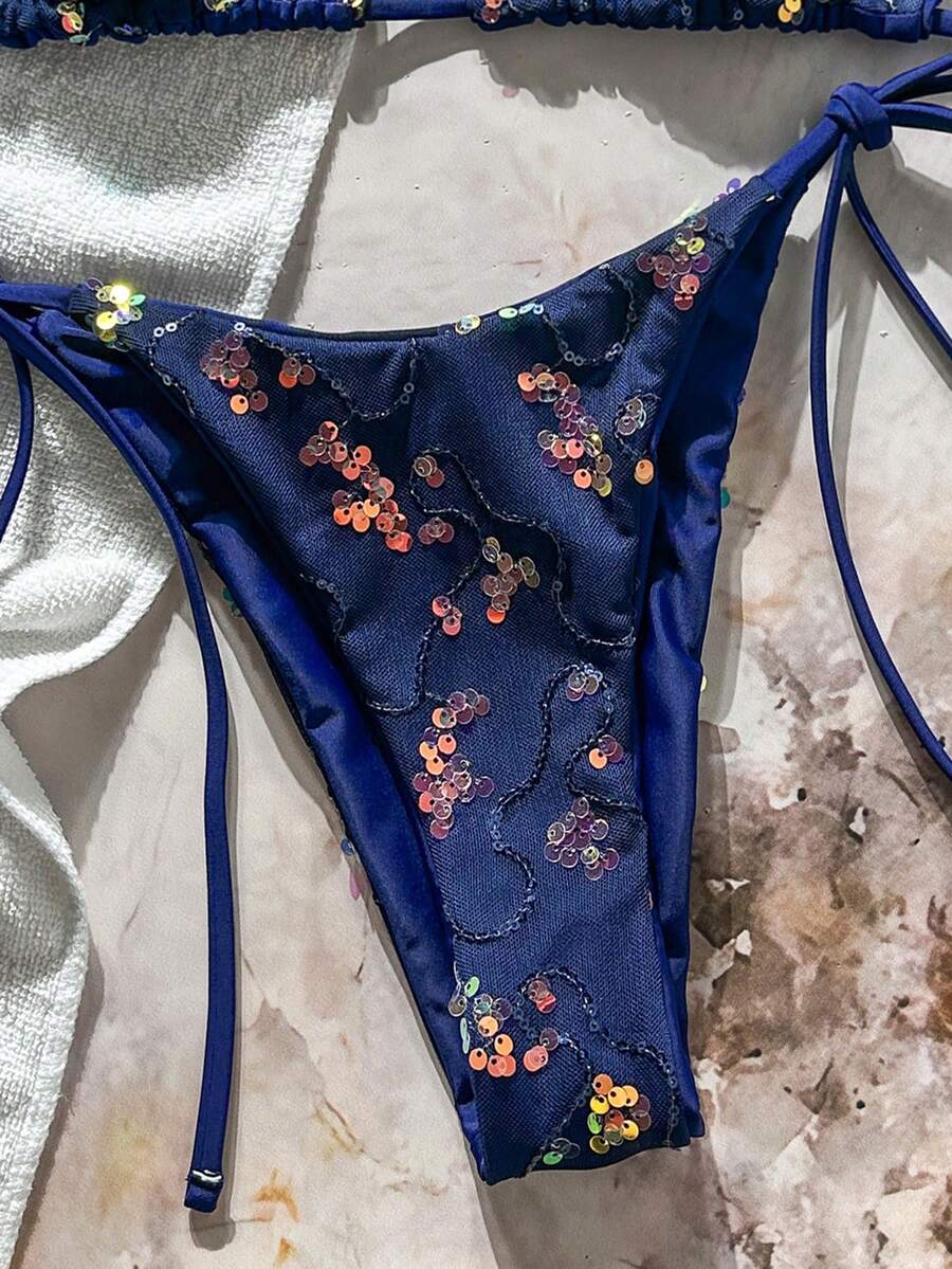 Women's sequin textured halter triangle bikini top and high-waist side tie bikini bottom swimsuit set