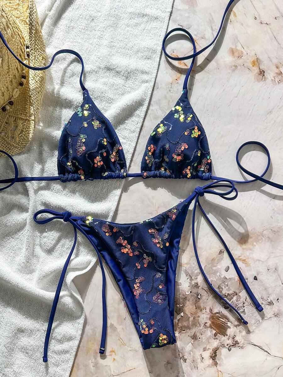 Women's sequin textured halter triangle bikini top and high-waist side tie bikini bottom swimsuit set