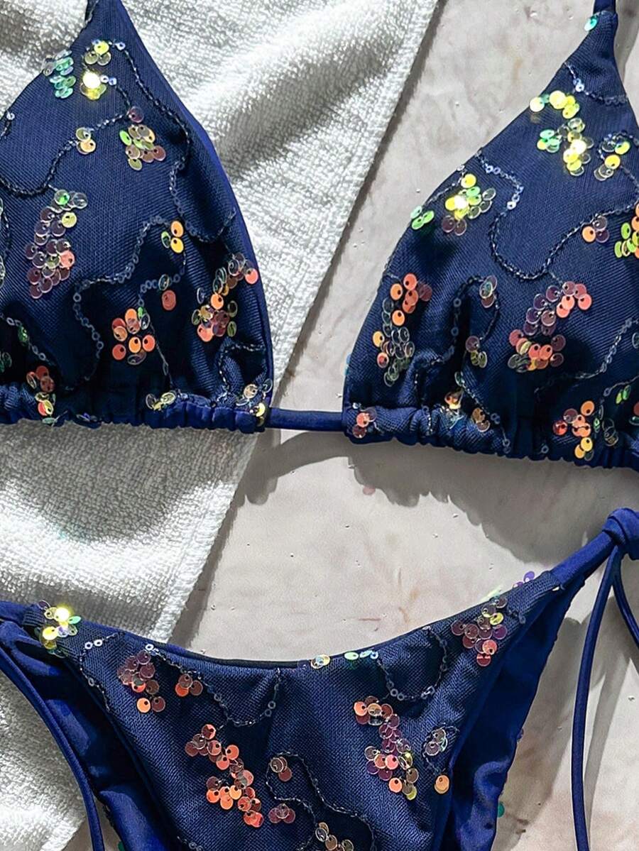 Women's sequin textured halter triangle bikini top and high-waist side tie bikini bottom swimsuit set