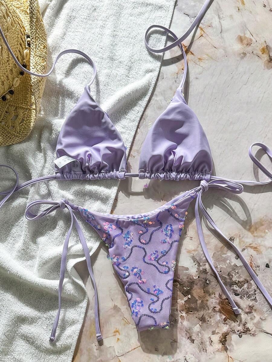 Women's sequin textured halter triangle bikini top and high-waist side tie bikini bottom swimsuit set