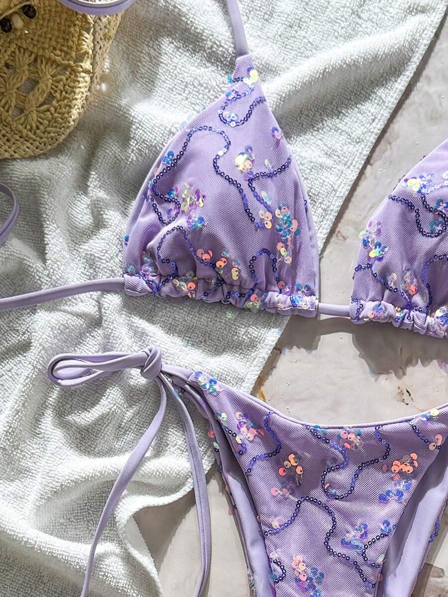 Women's sequin textured halter triangle bikini top and high-waist side tie bikini bottom swimsuit set