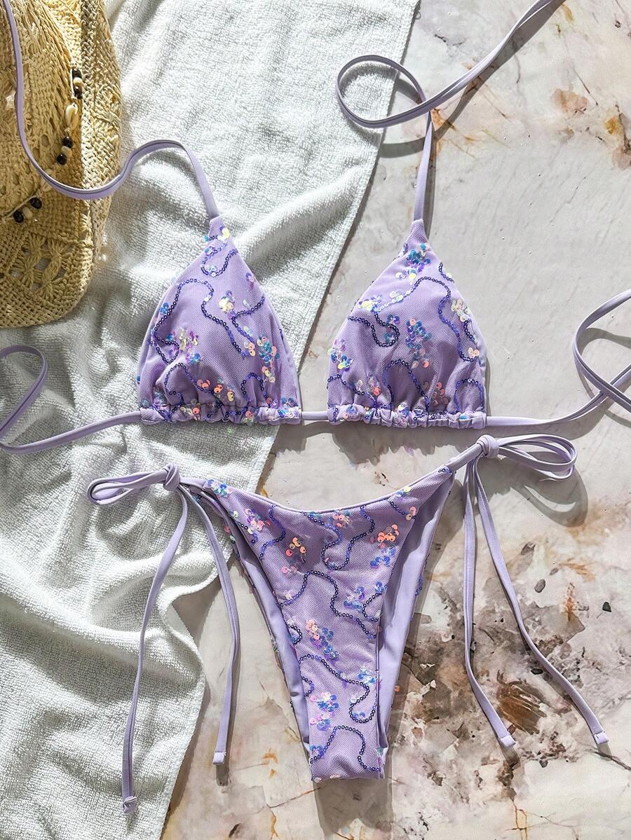 Women's sequin textured halter triangle bikini top and high-waist side tie bikini bottom swimsuit set
