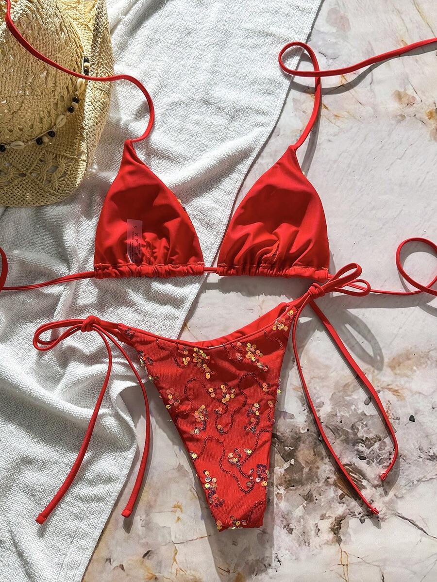 Women's sequin textured halter triangle bikini top and high-waist side tie bikini bottom swimsuit set