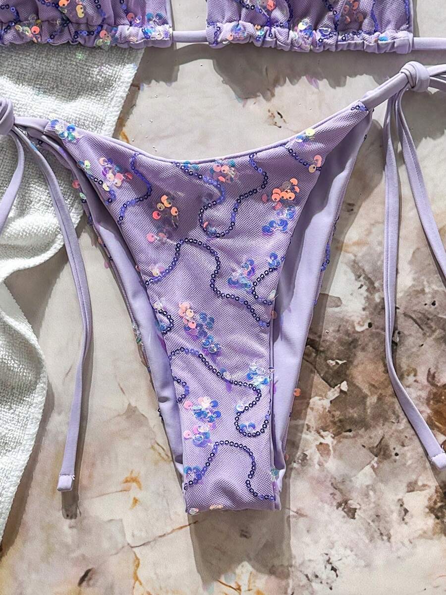 Women's sequin textured halter triangle bikini top and high-waist side tie bikini bottom swimsuit set