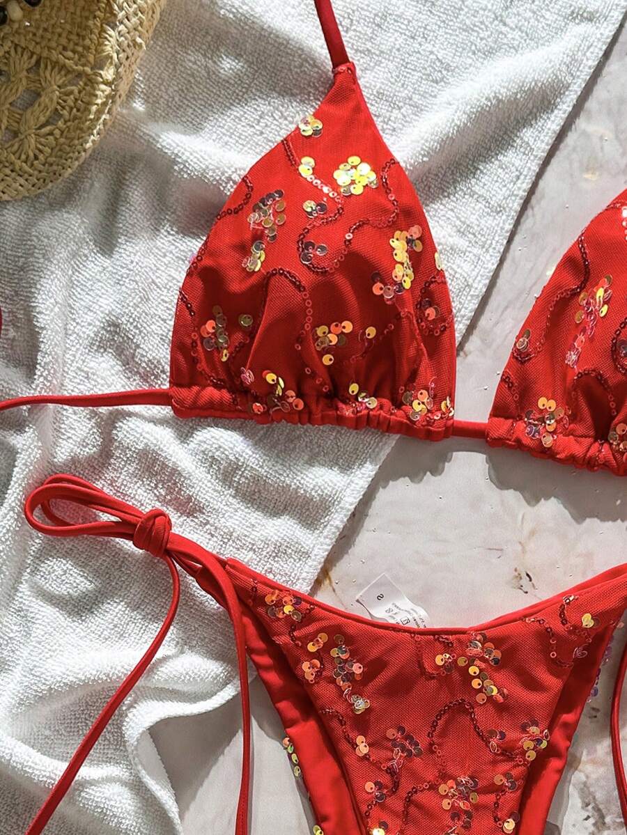 Women's sequin textured halter triangle bikini top and high-waist side tie bikini bottom swimsuit set