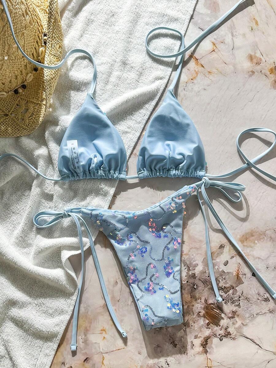 Women's sequin textured halter triangle bikini top and high-waist side tie bikini bottom swimsuit set