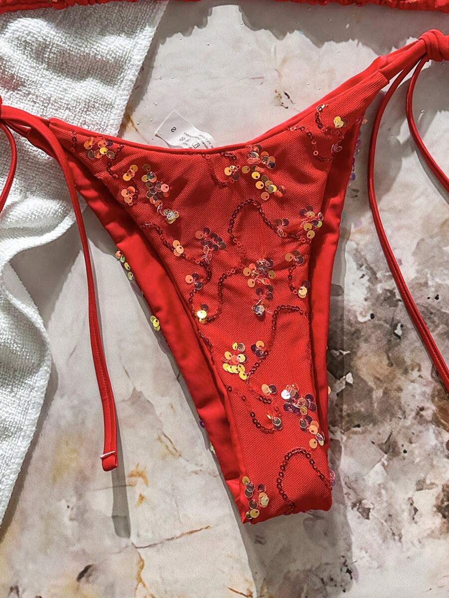 Women's sequin textured halter triangle bikini top and high-waist side tie bikini bottom swimsuit set
