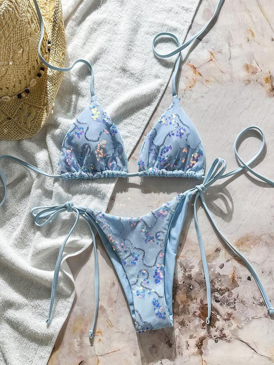 Women's sequin textured halter triangle bikini top and high-waist side tie bikini bottom swimsuit set