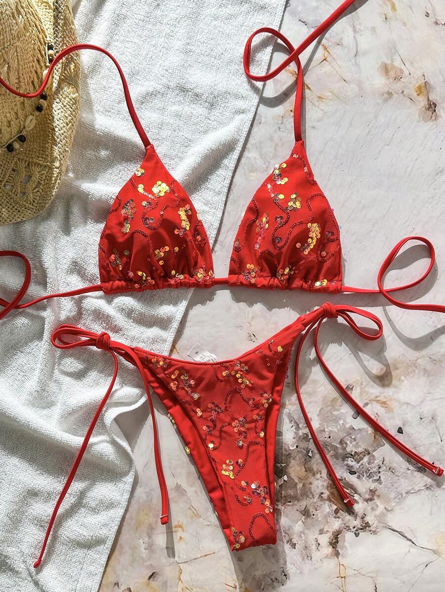 Women's sequin textured halter triangle bikini top and high-waist side tie bikini bottom swimsuit set