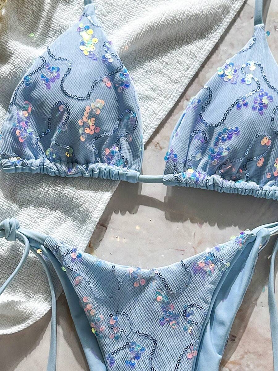 Women's sequin textured halter triangle bikini top and high-waist side tie bikini bottom swimsuit set