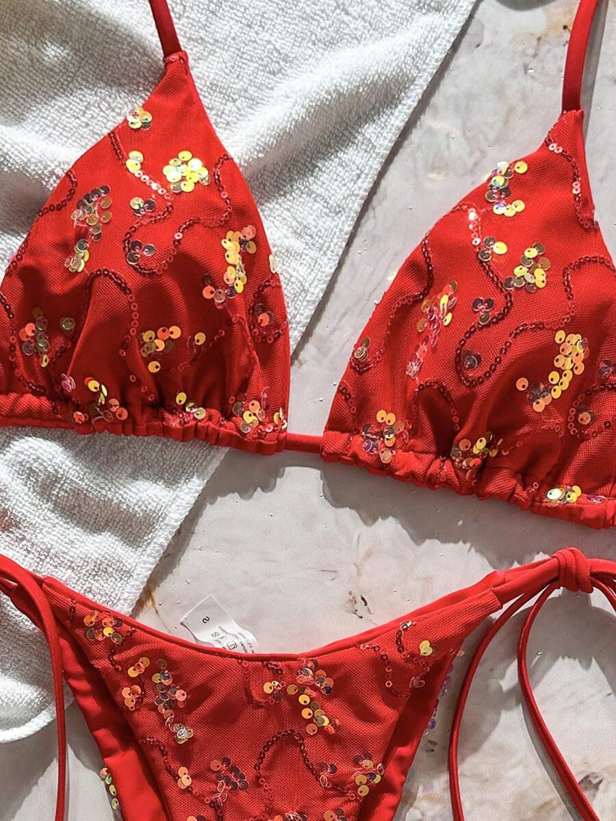 Women's sequin textured halter triangle bikini top and high-waist side tie bikini bottom swimsuit set