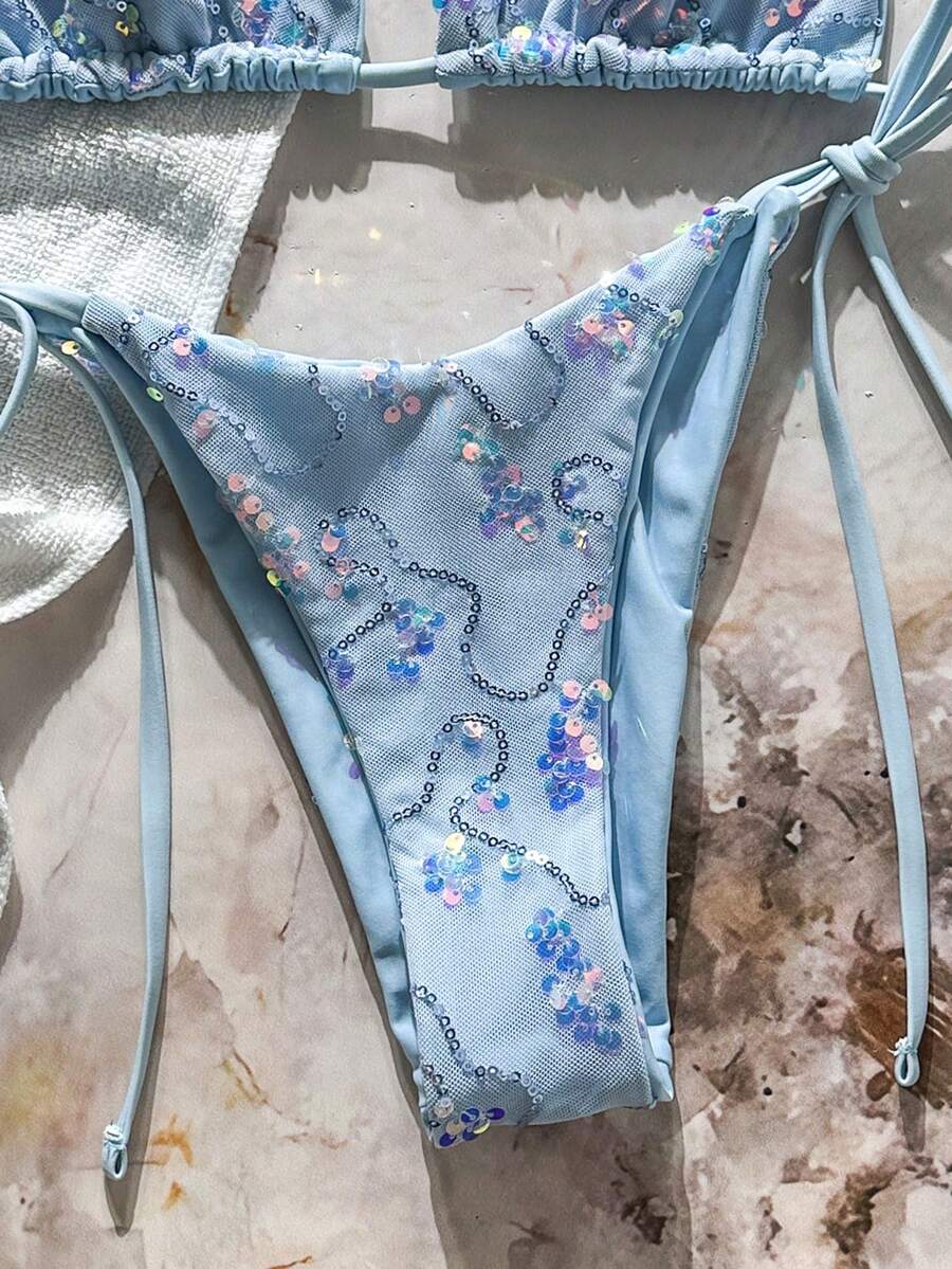 Women's sequin textured halter triangle bikini top and high-waist side tie bikini bottom swimsuit set