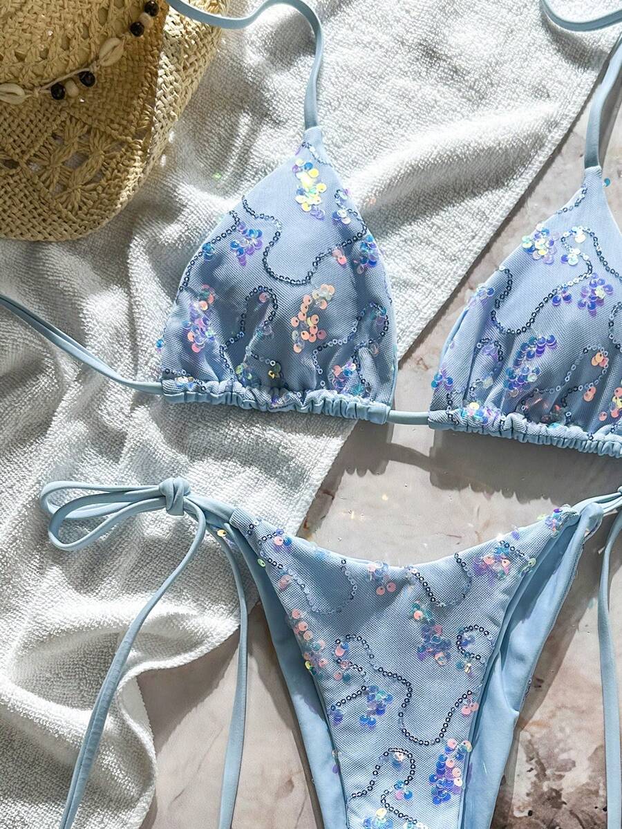 Women's sequin textured halter triangle bikini top and high-waist side tie bikini bottom swimsuit set
