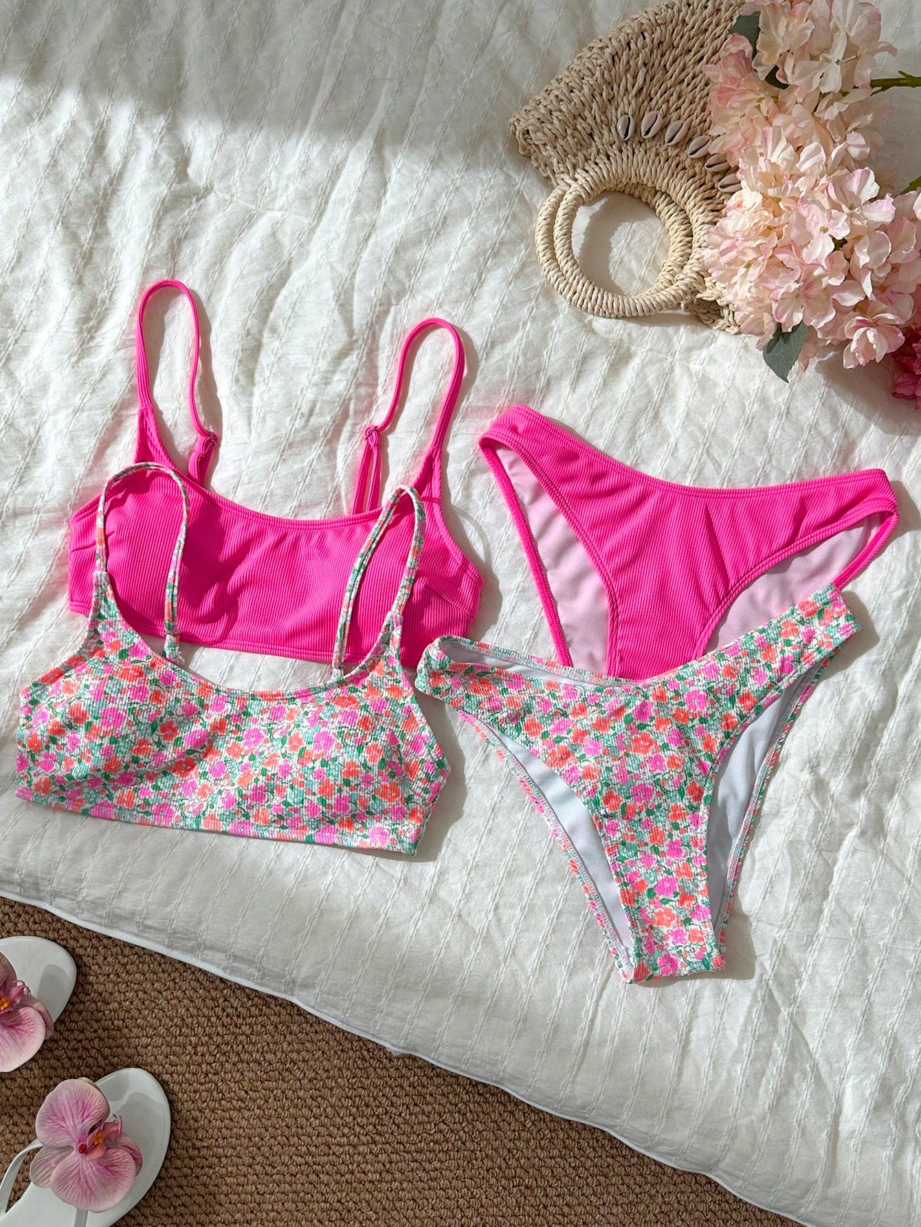 Apricot ribbed high waist two piece bikini swimsuit set for women featuring backless spaghetti strap top and high waisted bottoms.