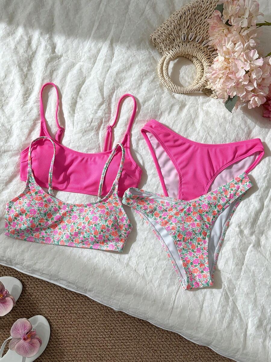 Apricot ribbed high waist two piece bikini swimsuit set for women featuring backless spaghetti strap top and high waisted bottoms.