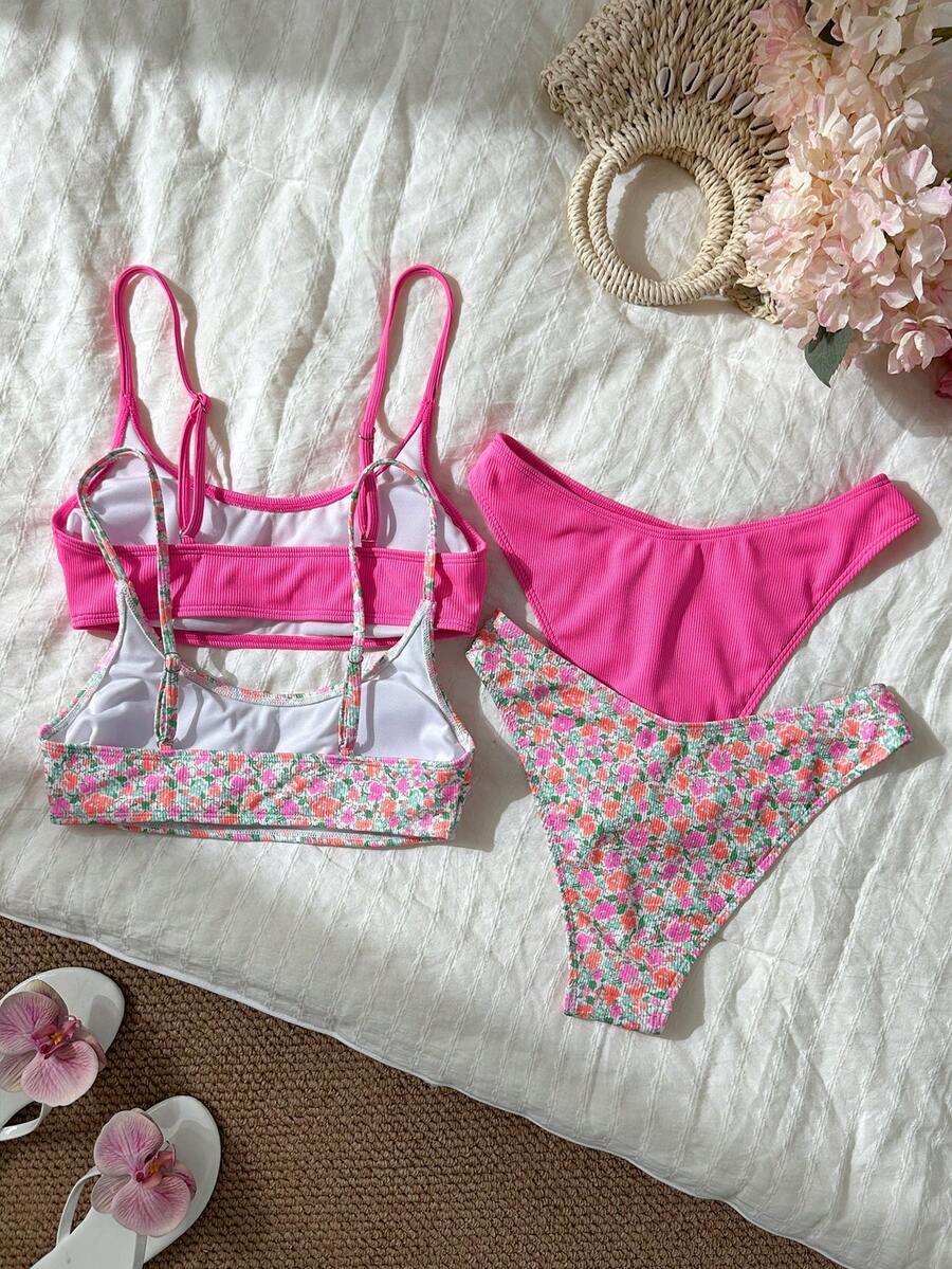 Apricot ribbed high waist two piece bikini swimsuit set for women featuring backless spaghetti strap top and high waisted bottoms.