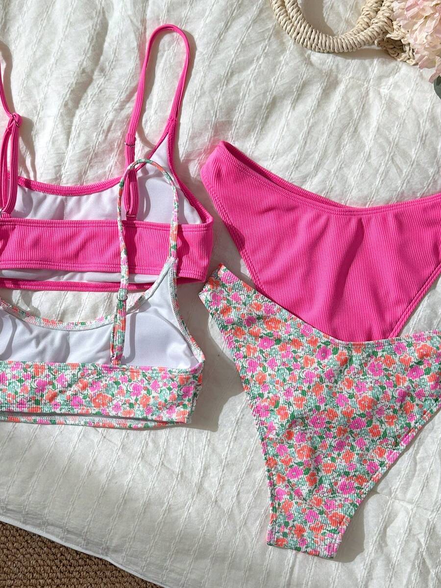 Apricot ribbed high waist two piece bikini swimsuit set for women featuring backless spaghetti strap top and high waisted bottoms.