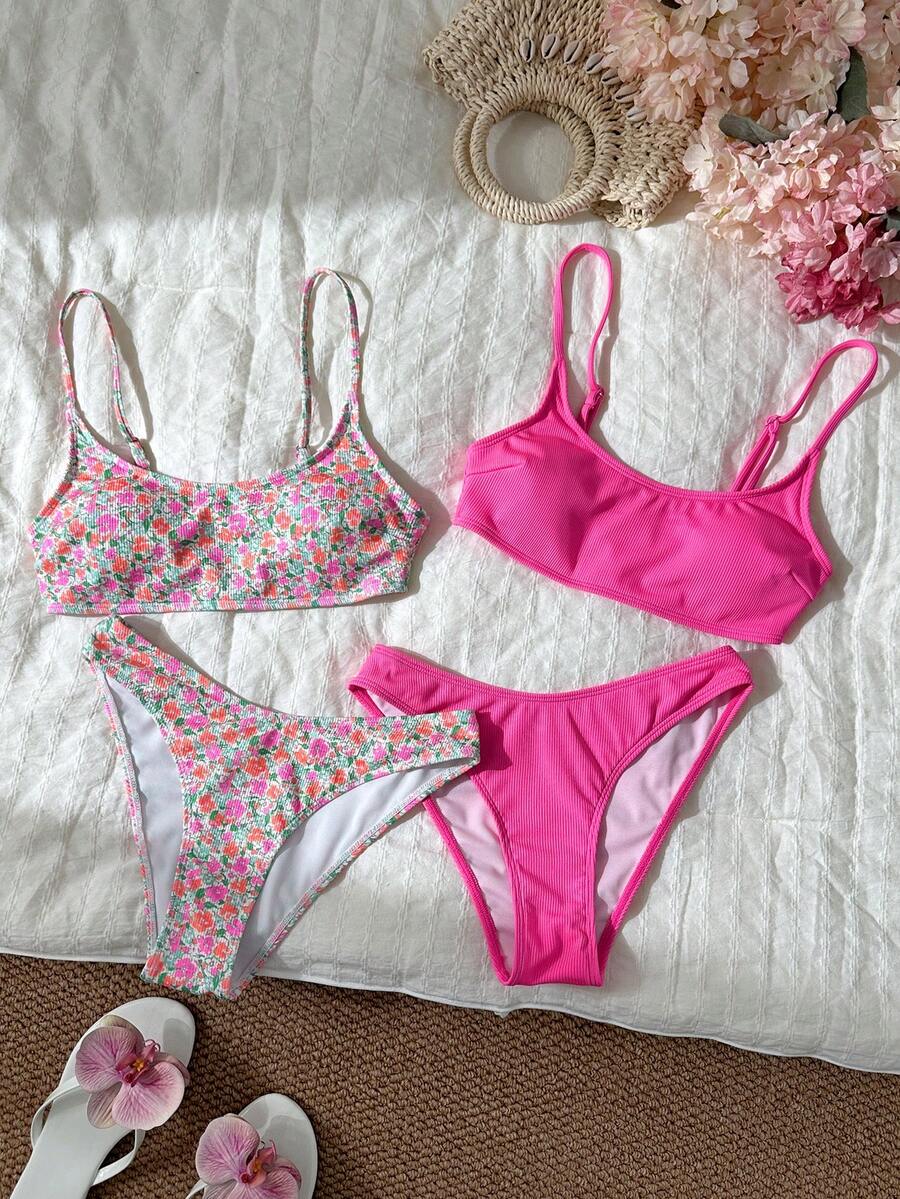 Apricot ribbed high waist two piece bikini swimsuit set for women featuring backless spaghetti strap top and high waisted bottoms.